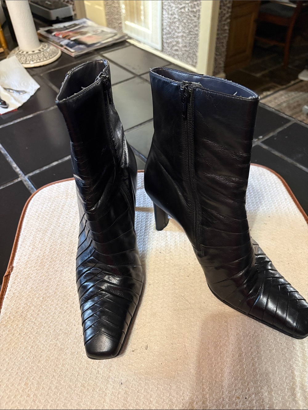 Ann Marino Black Leather Ankle Booties with Diagonal Panel Detail